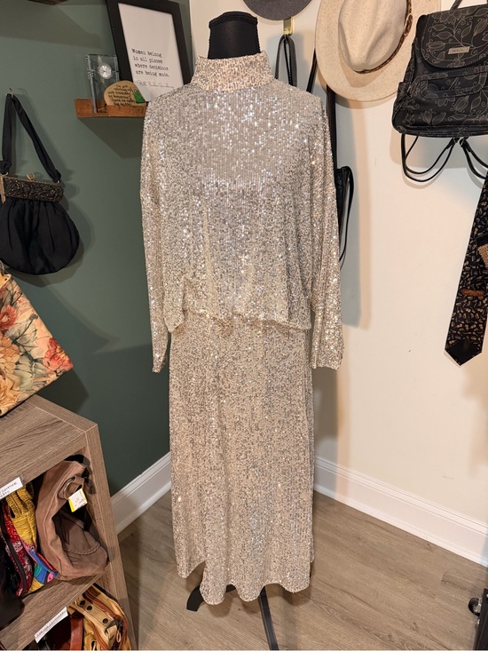 H&M Dresses & Skirts - H&M Silver Sequin Maxi Skirt & Top Size 4 Long Sleeve Mock Neck Open Back Glam